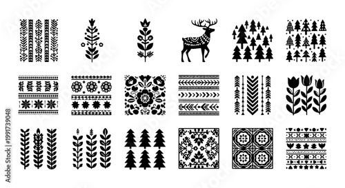 Scandinavian folk art vector set, 18 black nordic floral and animal motifs, traditional polish wycinanki ornaments, rustic winter deer and forest icons
