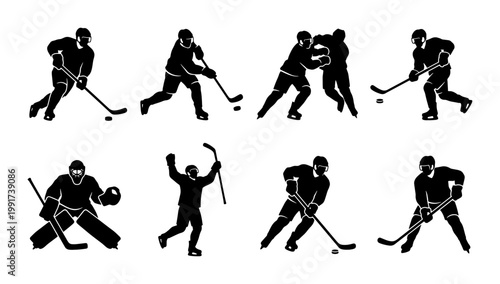 Canvas Print Ice hockey player silhouettes set, professional athletes in action poses, black