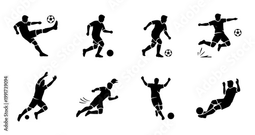 Soccer player silhouettes set, football athlete action poses collection, black vector icons of men playing soccer, sports competition graphics