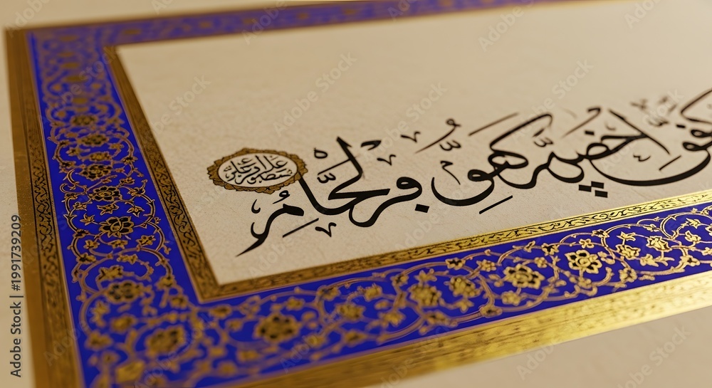 Fototapeta premium Ornate Arabic Calligraphy on Parchment with Gold and Blue Floral Borders in Traditional Mughal Style