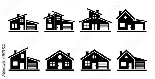 Foto Modern house icons set, black residential building silhouettes with garages, 8 s