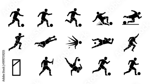 Soccer player silhouettes set, 15 football icons in action poses, black athlete vector graphics for sports infographics and team branding