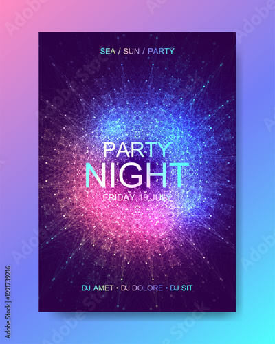 Music Poster For Electronic Festival With Fractal Dotted Lines And Waves. Party Flyer Cover Design Concept Of Electro Music Fest. Vector Illustration