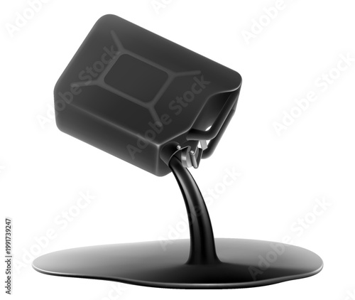 Gasoline canister with a spilling fuel. Oil is spilling from the black Benzine canister. harmful puddle of petroleum products. harmful puddle of petroleum products. Realistic 3d vector illustration