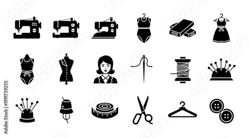 Sewing and tailoring icon set, black solid vector silhouettes for dressmaking, 18 professional needlework and garment manufacturing symbols