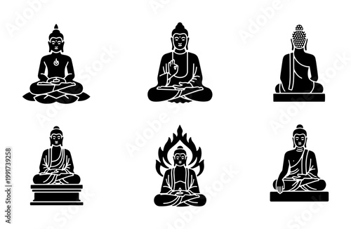 Buddha statue silhouette icons, set of 6 black meditation figures, zen buddhism religious symbols, spiritual yoga and mindfulness vector elements