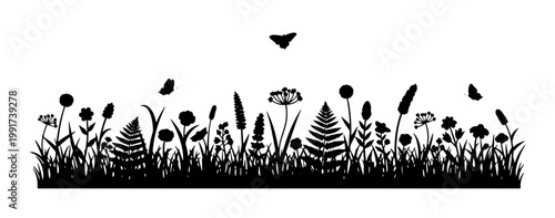Black wildflower meadow silhouette vector, floral grass border with butterflies, spring garden plant silhouettes on white background