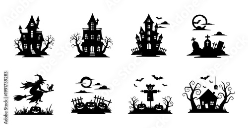 Halloween silhouette icons set, spooky haunted house and graveyard illustrations, creepy witch and pumpkin vector elements for holiday design