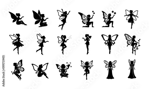 Black fairy silhouette collection, 18 magical pixie vector icons, mystical winged elf characters, fantasy creature silhouettes for graphic design