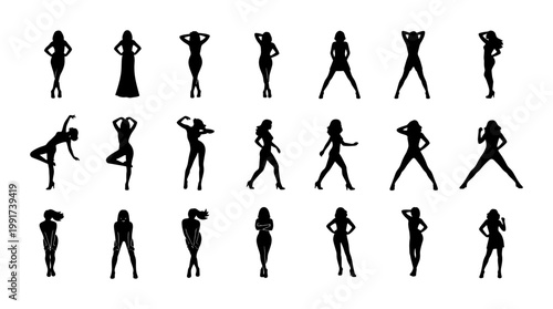 Fashion model silhouette set, 21 female figures in diverse poses, black vector silhouettes of elegant women, standing and walking poses for design