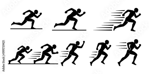 Running man silhouette icons set, sprinting athlete speed motion symbols, black vector figures of fast runners for sports and fitness design