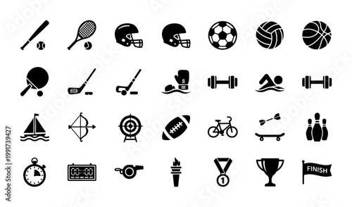 Black sports icons set, 28 minimalist athletic equipment symbols, flat vector collection of fitness and competition signs for web and mobile apps
