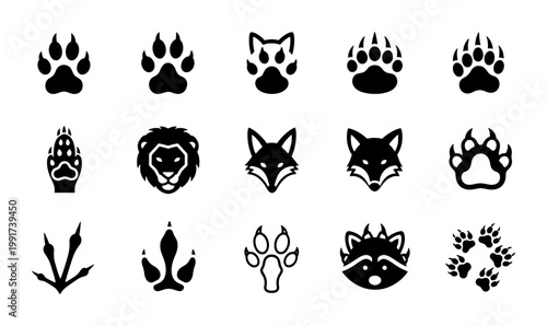 Animal paw prints and wildlife head icons, set of 15 black vector silhouettes, predator tracks and mammal face symbols for nature branding