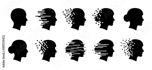 Minimalist human head profile icons with pixelated disintegration effects, set of 10 digital mind silhouettes, abstract mental health and AI vector graphics