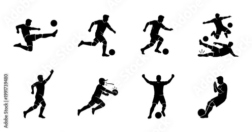 Soccer player silhouettes set, football athlete action poses vector collection, black sports figures kicking and dribbling ball on white background