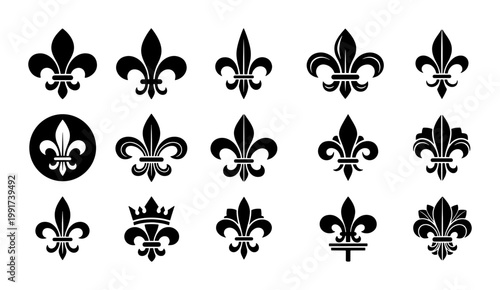 Vintage fleur de lis collection, 15 black lily heraldry icons, royal french lily symbols, classic heraldic fleur-de-lis vector set for luxury branding