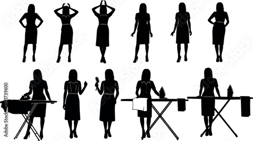 Housewife silhouettes set with ironing, standing and posing women, domestic lifestyle female figures collection black vector illustration