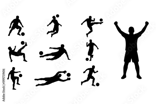Soccer player silhouettes set, football athletes in action poses, black vector icons of players kicking and jumping, sports competition graphics