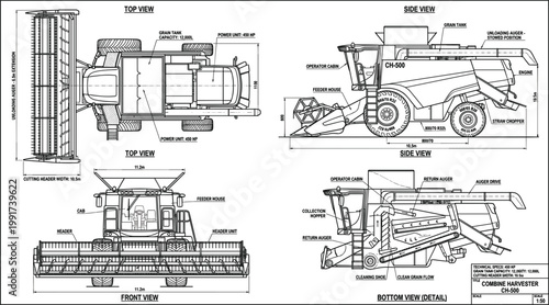 Combine harvester agricultural machine blueprint illustration, detailed farming equipment diagram with multiple views for crop harvesting and rural engineering design