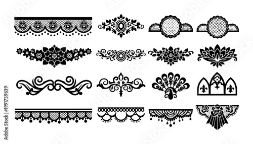 Vintage black lace borders and floral ornaments, decorative filigree vector set, elegant wedding invitation dividers and lace trim elements