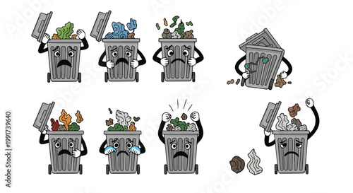 A set of eight cartoon trash cans with various facial expressions and trash types overflowing from them on a white background