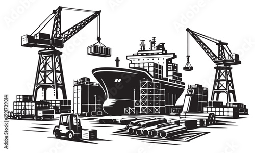 Dockyard shipyard silhouette, Silhouette, Silhouette Vector, Isolated on White Background
