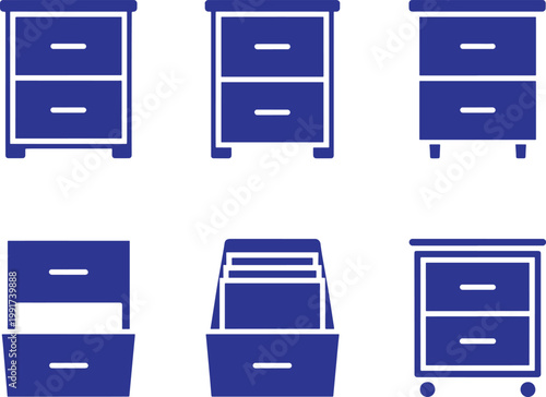 Blue file cabinet icons with drawers in different positions and styles for office organization and storage needs  various views