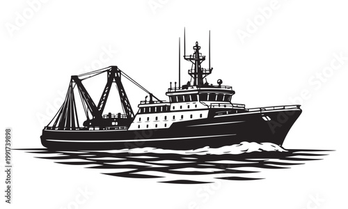 Fishing trawler boat silhouette, Silhouette, Silhouette Vector, Isolated on White Background