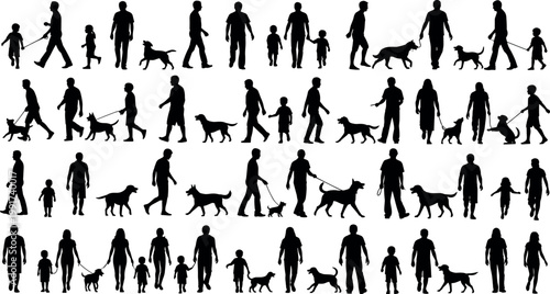 Family and people walking with dogs silhouettes set, parents and children outdoor activity collection, black vector illustration isolated