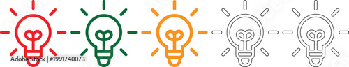 Colorful light bulb icons with heart shaped filament in red green orange and gray on white background for ideas and innovation concepts  symbolizing creativity and inspiration