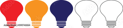 Colorful light bulbs icons in red orange blue and black outline on white background for creative ideas and inspiration concepts