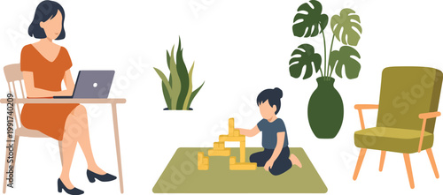 Home life and remote work illustration set with woman on laptop, baby playing, plants and furniture, modern flat design