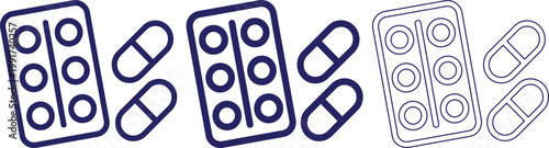 Line drawn pills and blister packs in different shades of blue on white background for medical or health concepts  simple icons