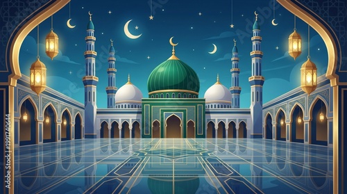 Milad un Nabi Maulid or Mawlid al Nabi Islamic background banner with Madina dome gold glow in night