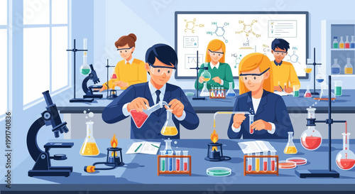 Diverse group of students conducting scientific experiments in a laboratory.