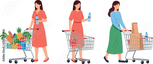 Women grocery shopping set with cart full of fresh food and products, supermarket retail lifestyle modern vector illustration collection