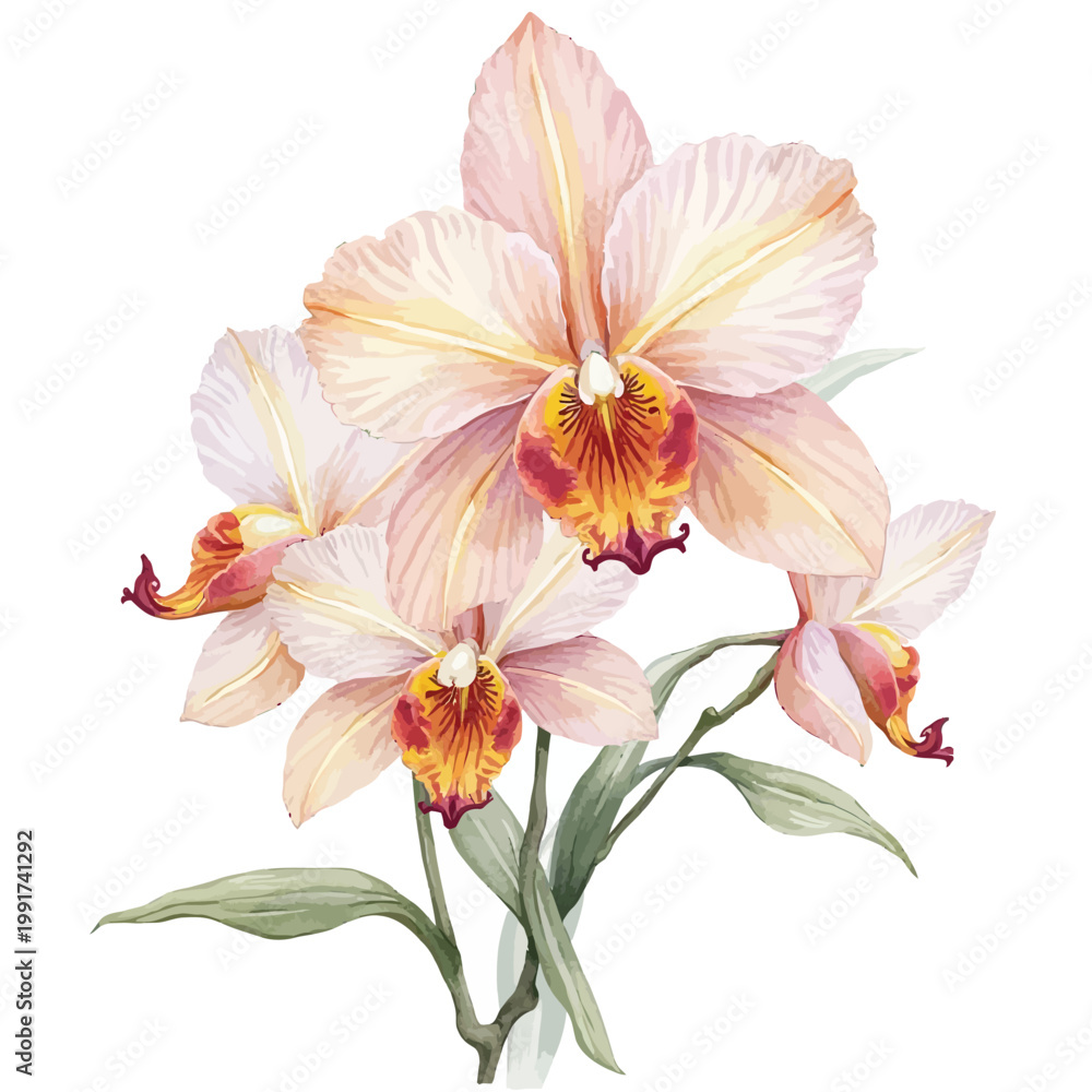Fototapeta premium Orchid Flowers Pink Yellow Lip Orchid Branch Garden Bloom