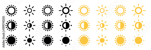 Sun icons set in black and yellow colors with outline, half sun and solid sunlight symbols isolated on white background.