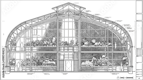 Greenhouse architectural section illustration, detailed glass house structure with plants interior layout for sustainable gardening and modern eco building design
