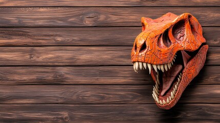 Orange Dinosaur Skull Model on Dark Brown Wood