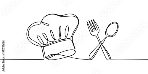 Φωτογραφία chef's hat and utensils continuous one line drawing, Ladle, cooking spatula and chef's cap in one solid line