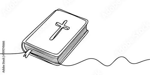 A minimalist line drawing of a Bible continuous one line drawing, Holy Bible With Cross Symbol Continuous One Line Vector Illustration, A continuous one line drawing of a holy book or bible with 