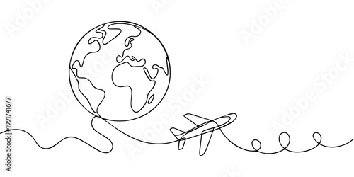 globe and airplane continuous one line drawing, Minimal continuous line globe with airplane illustrating global travel, tourism and international journey concept, modern outline illustration