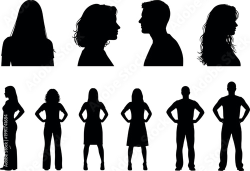 People silhouettes set with male and female profiles and full body poses, black human figures collection vector illustration isolated