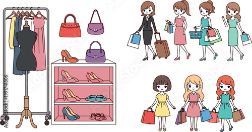 Women fashion shopping set with clothing rack, shoes, bags and stylish female characters, retail boutique concept modern vector illustration