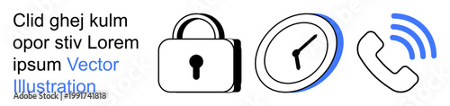 Digital security, communication, time management, privacy, remote work, connectivity. Black lock, clock and phone with signal waves. Security and communication