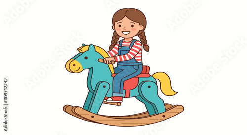 A young girl joyfully rides a colorful rocking horse in a playful illustration