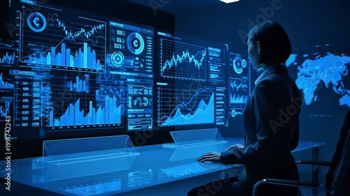 Futuristic Data Analysis and Global Network Monitoring Display