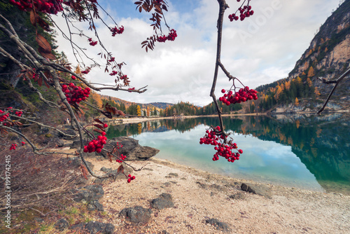 Bild auf Leinwand Il lago alpino di Braies in autunno, in val Fusteria in provincia di Bolzano