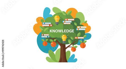 Knowledge tree illustration with lightbulbs and books as fruits.